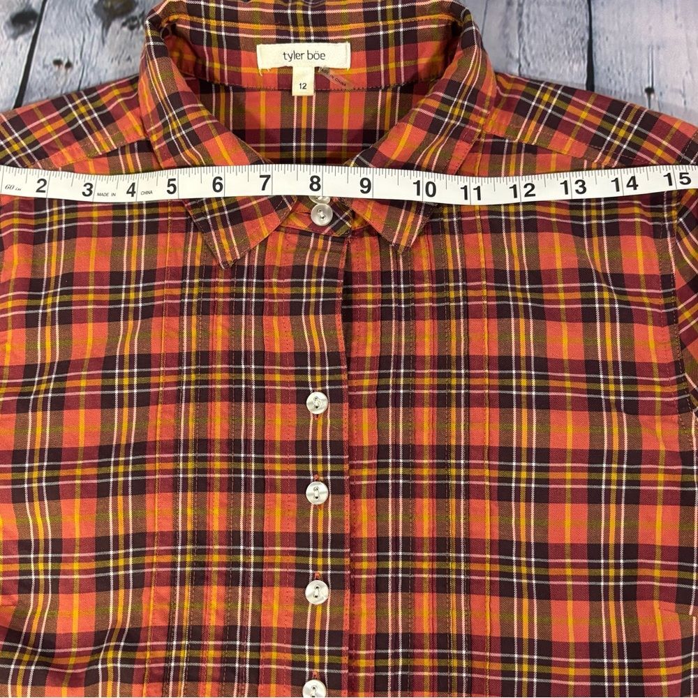 tyler böe Orange Blue Pintuck Button Up Brush Cotton Plaid Cottagecore Shirt 12 - Picture 8 of 10